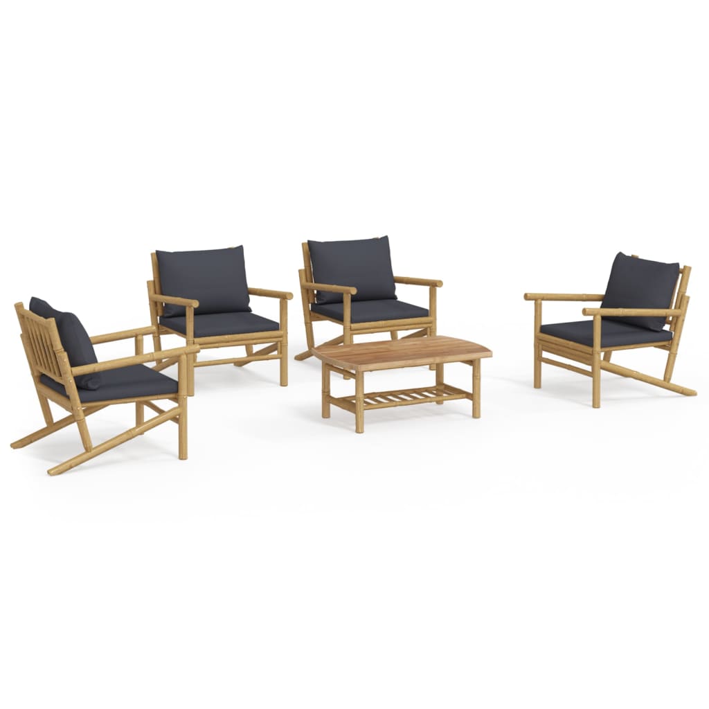 5-Delige Loungeset Met Kussens Bamboe Donkergrijs 4x stoel + Tafel