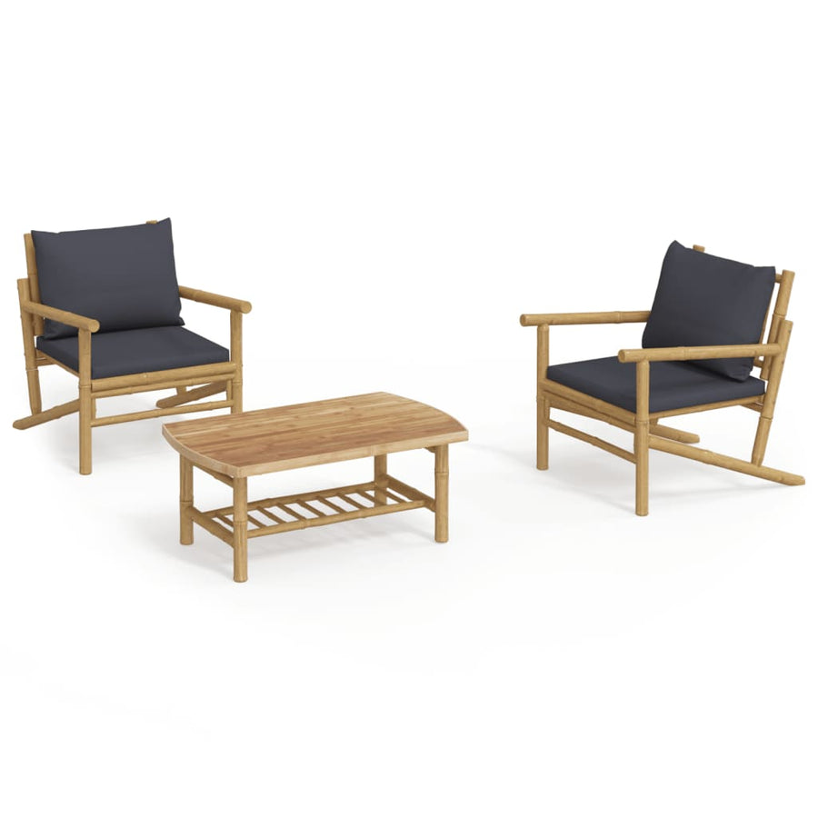 3-Delige Loungeset Met Kussens Bamboe Donkergrijs 2x stoel + Tafel