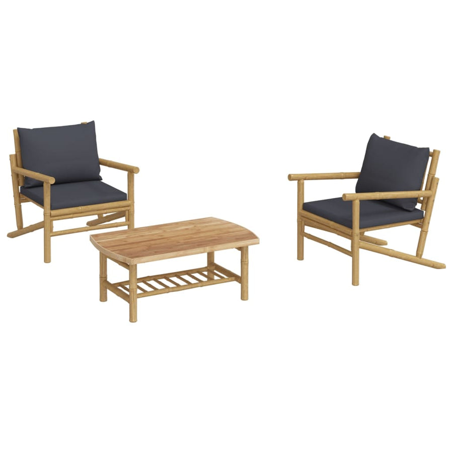 3-Delige Loungeset Met Kussens Bamboe Donkergrijs 2x stoel + Tafel