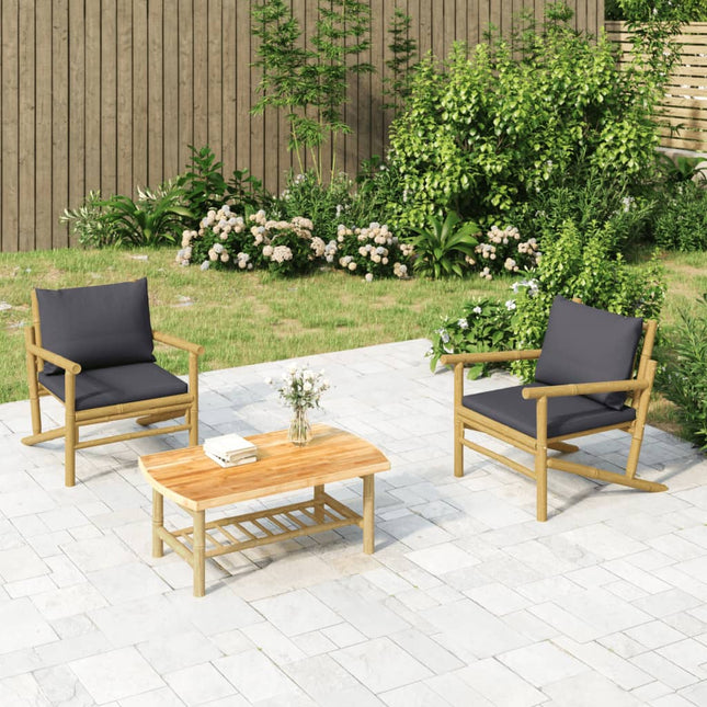 3-Delige Loungeset Met Kussens Bamboe Donkergrijs 2x stoel + Tafel