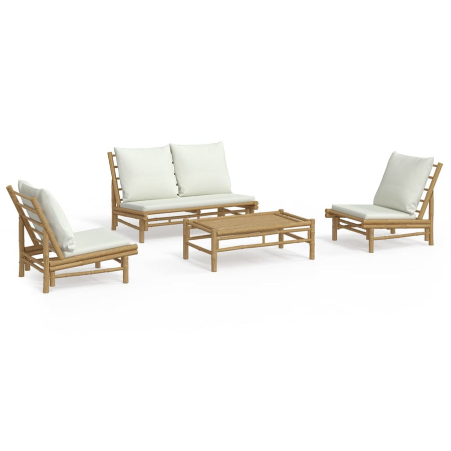 4-Delige Loungeset Met Kussens Bamboe Wit Crème Bank + 2x stoel + Tafel