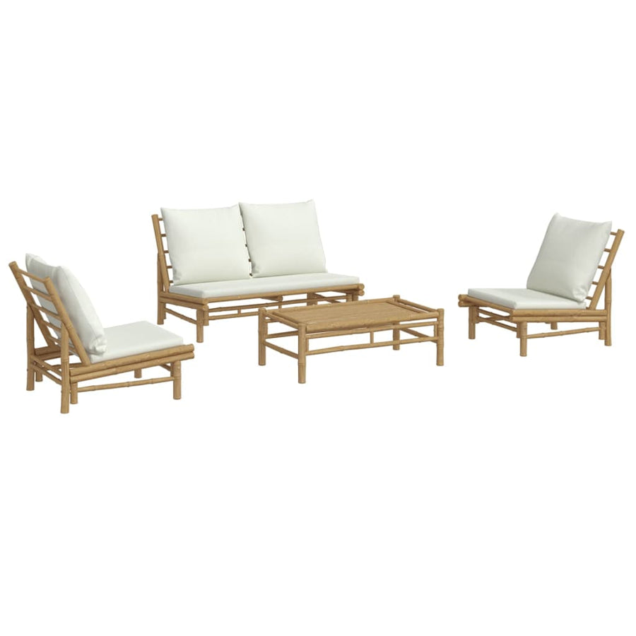 4-Delige Loungeset Met Kussens Bamboe Wit Crème Bank + 2x stoel + Tafel