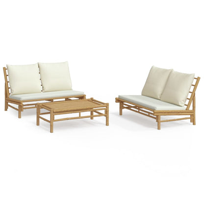 3-Delige Loungeset Met Kussens Bamboe Wit Crème 2x Bank + Tafel