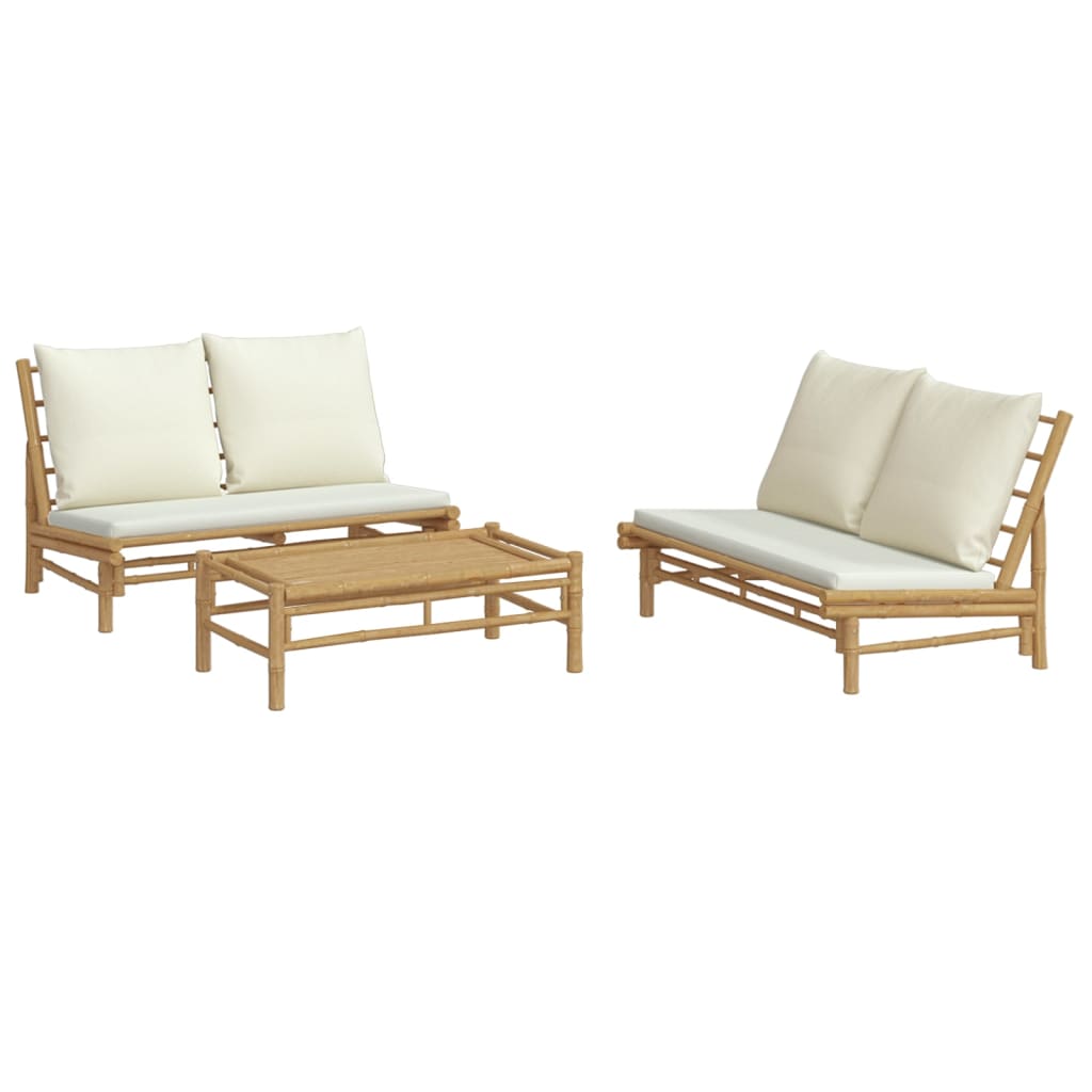 3-Delige Loungeset Met Kussens Bamboe Wit Crème 2x Bank + Tafel