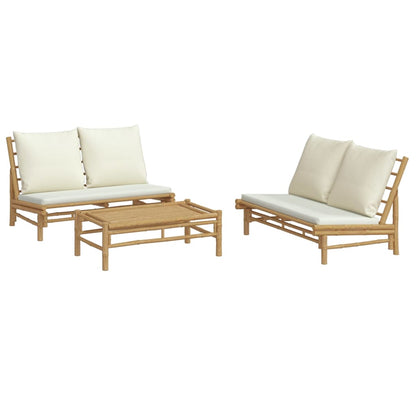 3-Delige Loungeset Met Kussens Bamboe Wit Crème 2x Bank + Tafel