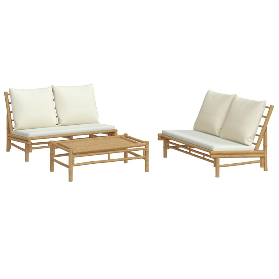 3-Delige Loungeset Met Kussens Bamboe Wit Crème 2x Bank + Tafel