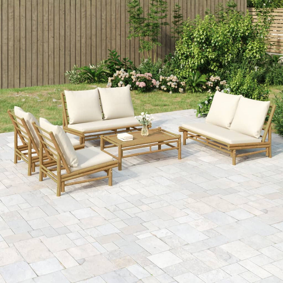 5-Delige Loungeset Met Kussens Bamboe Wit Crème 2x Bank + 2x stoel + Tafel