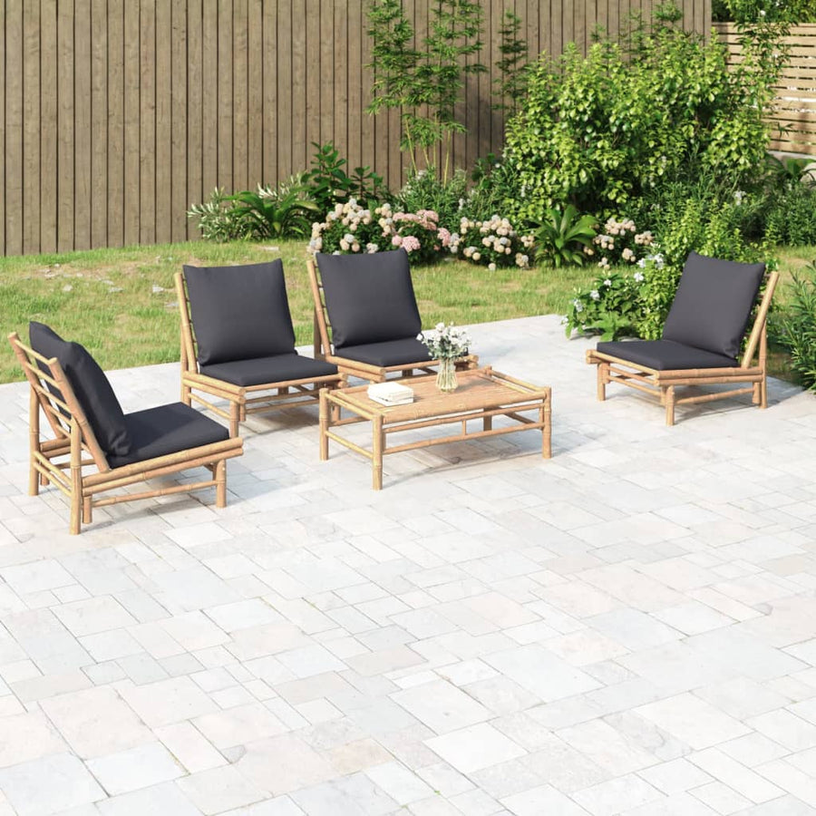 5-Delige Loungeset Met Kussens Bamboe Donkergrijs 4x stoel + Tafel