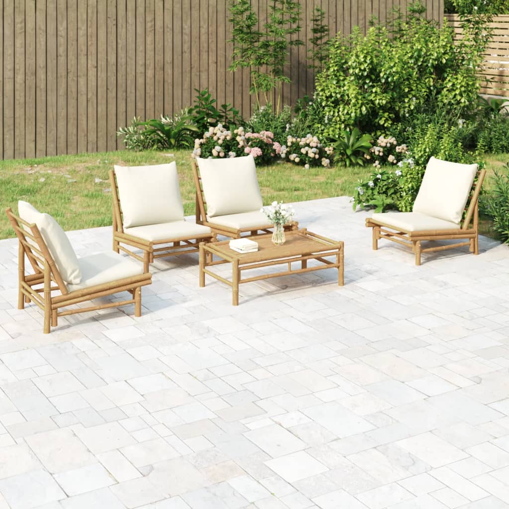 5-Delige Loungeset Met Kussens Bamboe Wit Crème 4x stoel + Tafel