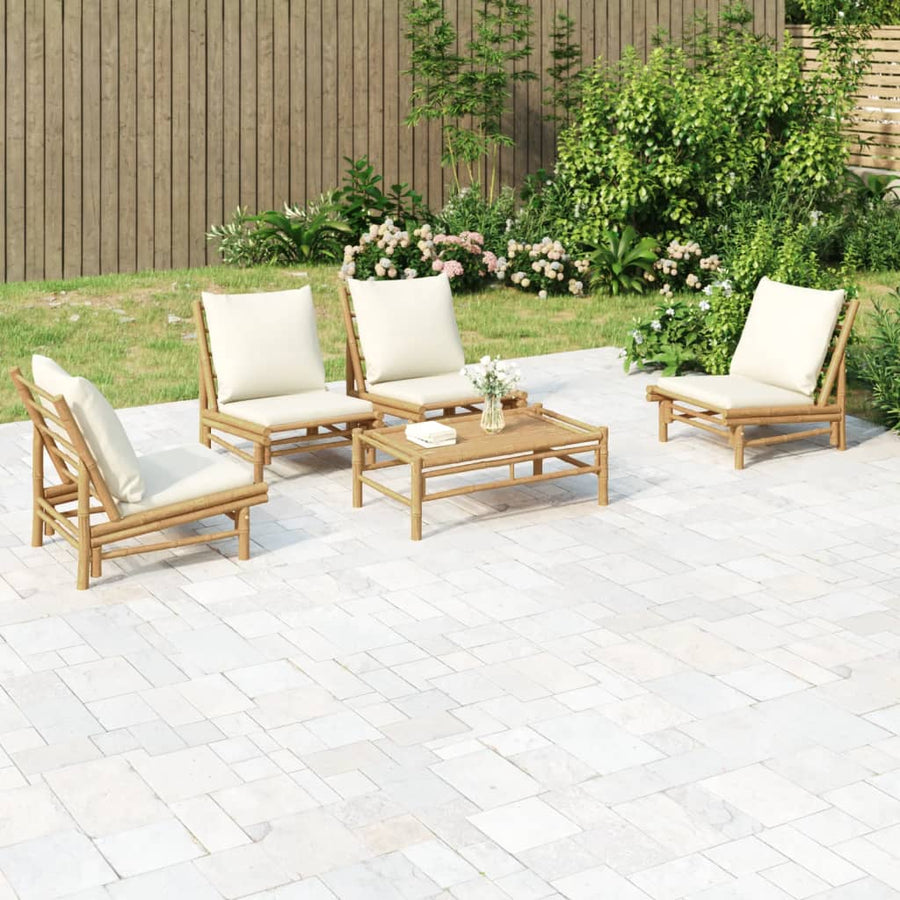 5-Delige Loungeset Met Kussens Bamboe Wit Crème 4x stoel + Tafel