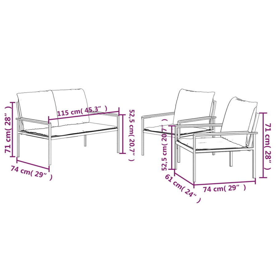 3-Delige Loungeset Met Kussens Staal Antracietkleurig