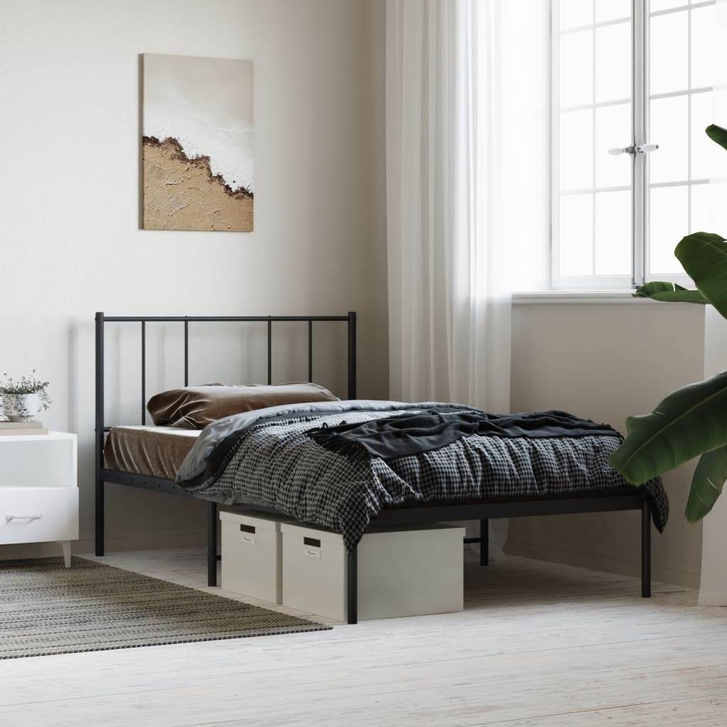 Bedframe Metaal 75 x 190 cm Zwart met hoofdbord