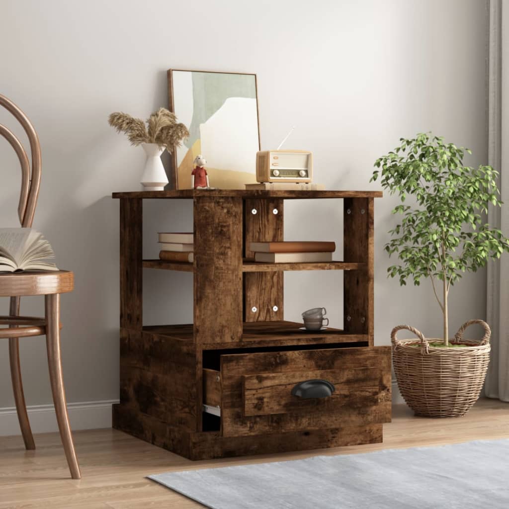 Bijzettafel 50x50x60 cm bewerkt hout gerookt eikenkleurig