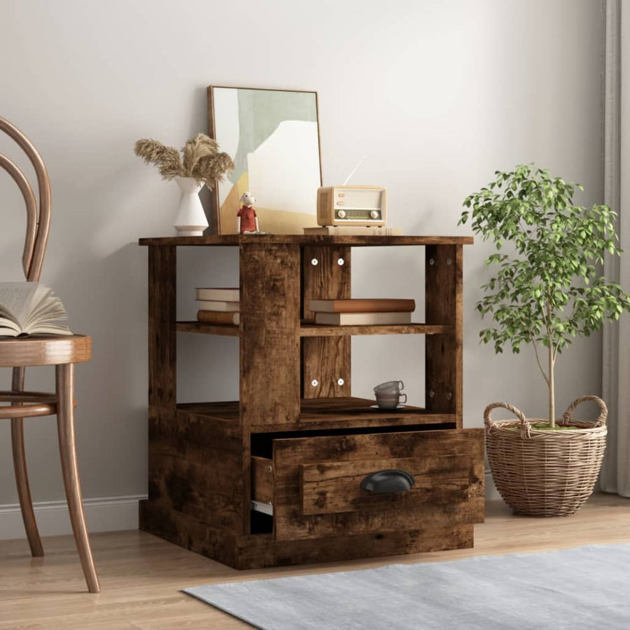 Bijzettafel 50x50x60 cm bewerkt hout gerookt eikenkleurig