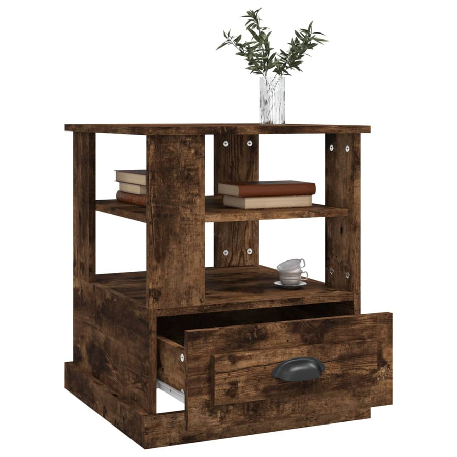 Bijzettafel 50x50x60 cm bewerkt hout gerookt eikenkleurig