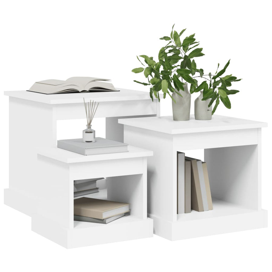 3-Delige Tafeltjesset Bewerkt Hout Wit