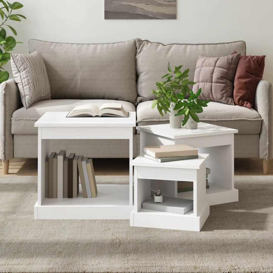 3-Delige Tafeltjesset Bewerkt Hout Wit