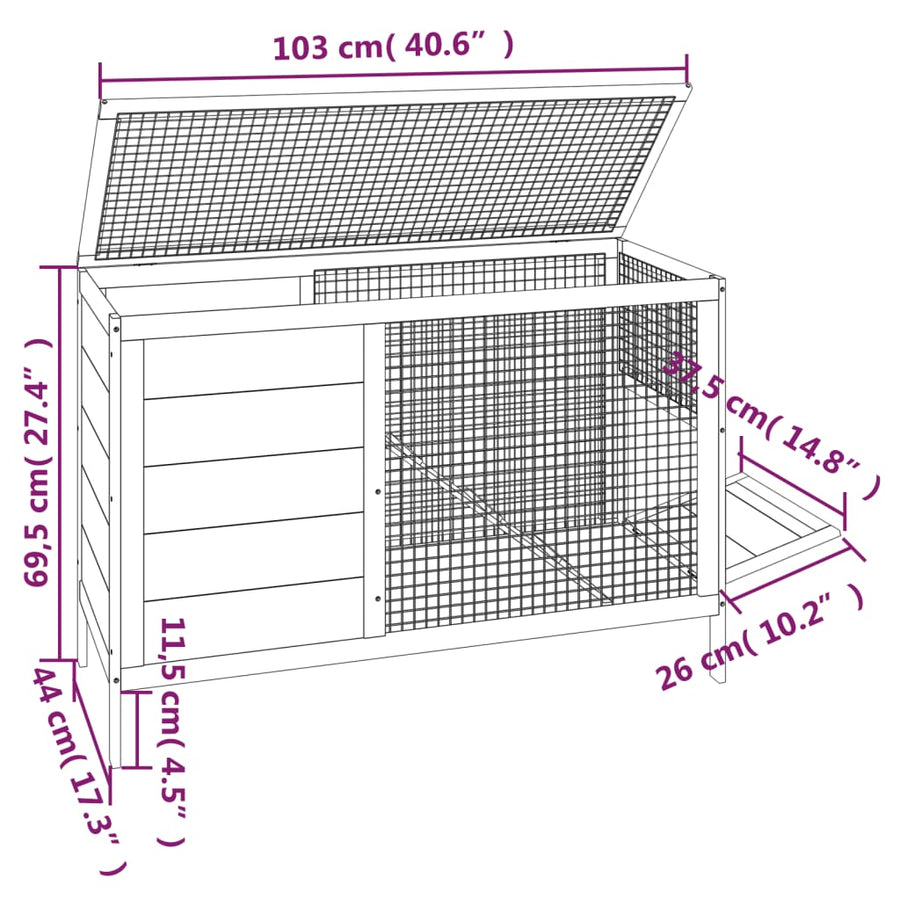 Konijnenhok 103x44x69,5 cm massief grenenhout mokkakleurig Mokka