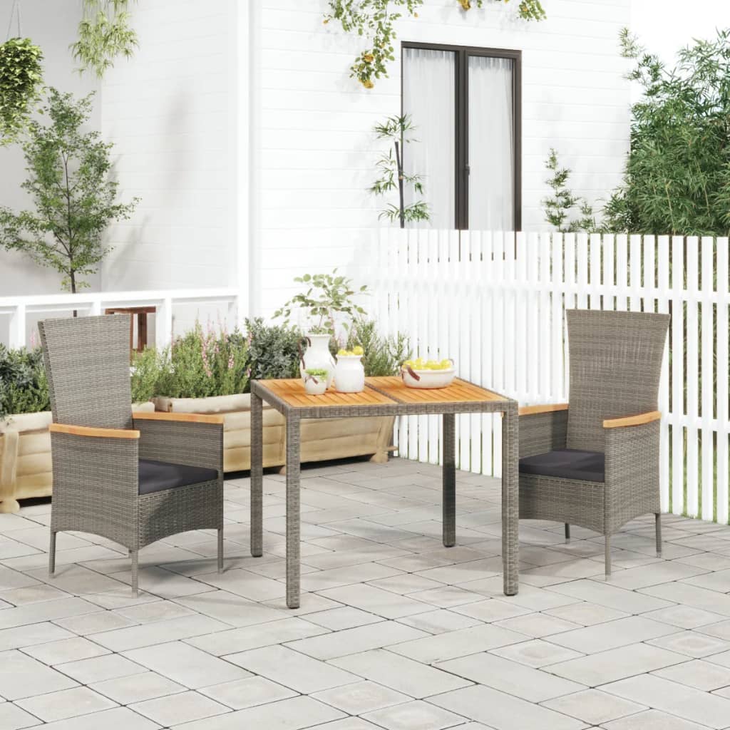 3-Delige Tuinset Met Kussens Poly Rattan Grijs 90 cm tafellengte 2x stoel + Tafel