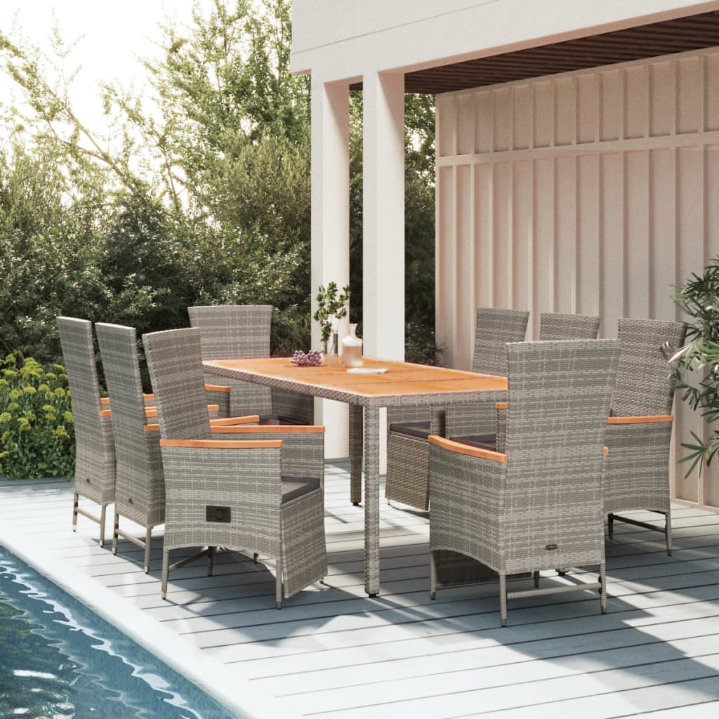 9-Delige Tuinset Met Kussens Poly Rattan Grijs 8 190 cm tafellengte