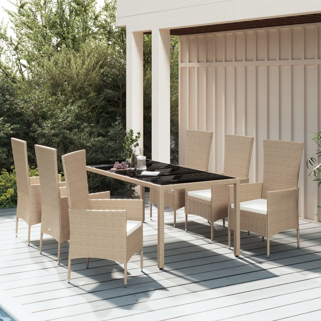 -Delige Tuinset Met Kussens Poly Rattan Beige 7 190 cm tafellengte