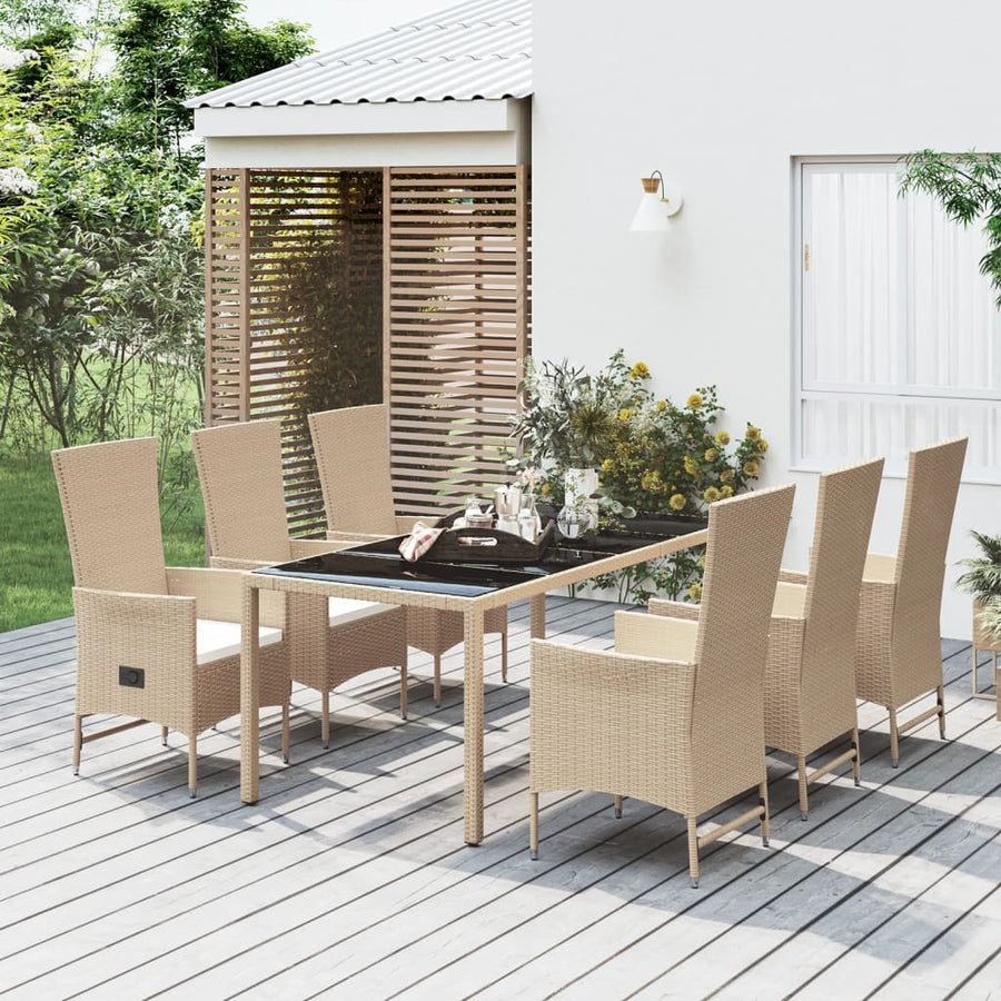 7-Delige Tuinset Met Kussens Poly Rattan Beige 190 cm tafellengte 6x stoel + Tafel