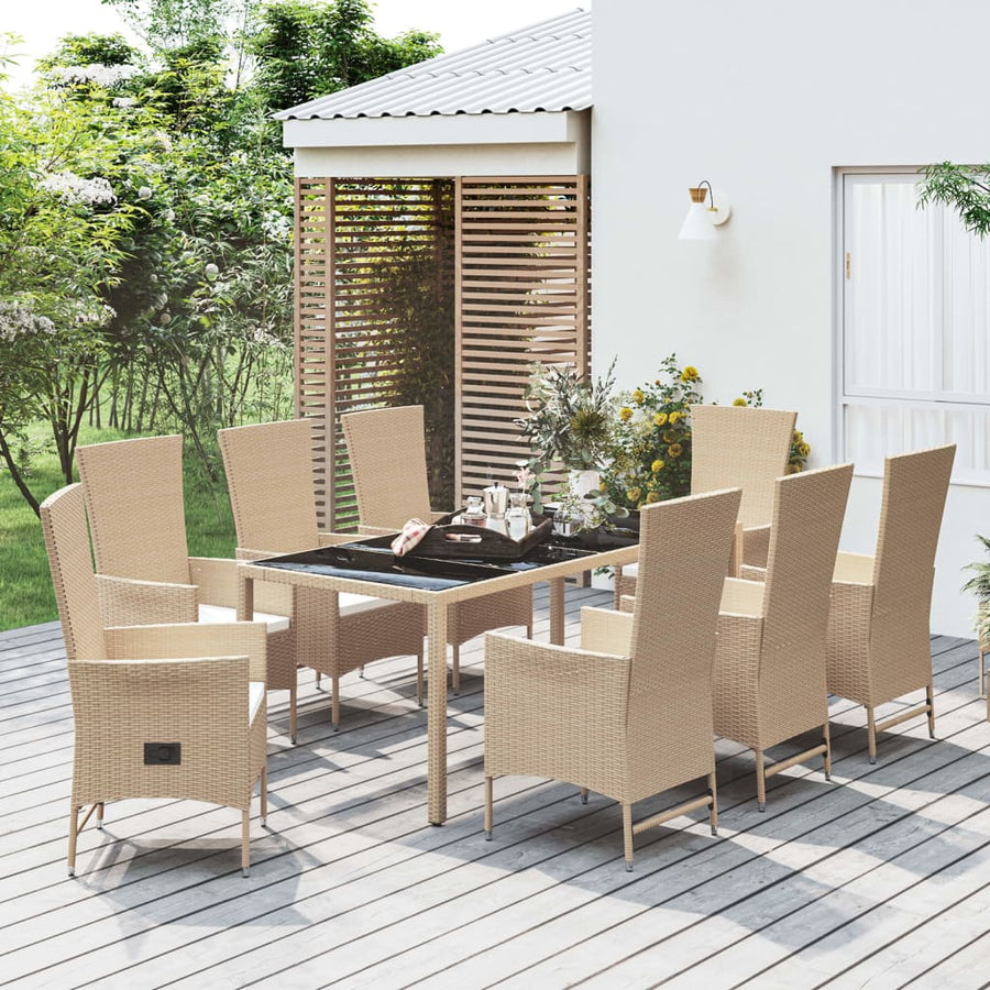 9-Delige Tuinset Met Kussens Poly Rattan Beige 190 cm tafellengte 8x stoel + Tafel