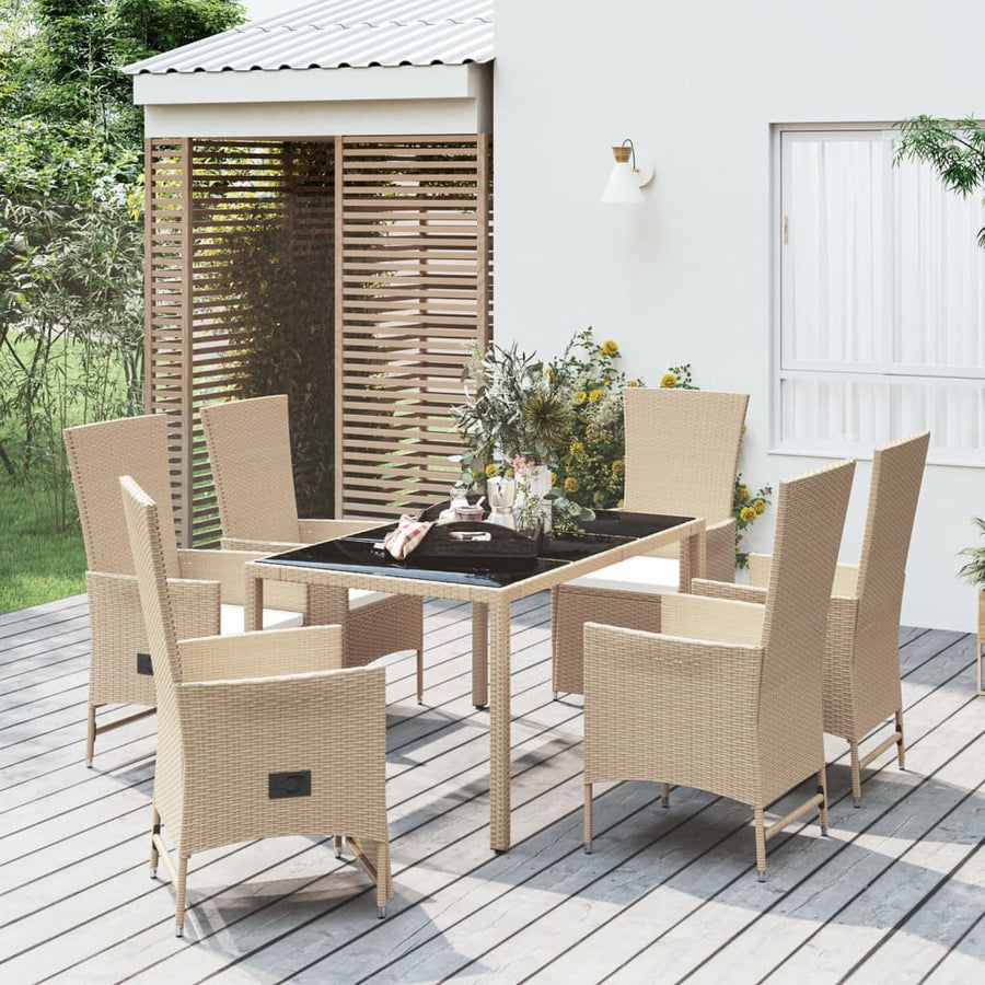 7-Delige Tuinset Met Kussens Poly Rattan Beige 150 cm tafellengte 4x stoel + 2x Fauteuil + Tafel
