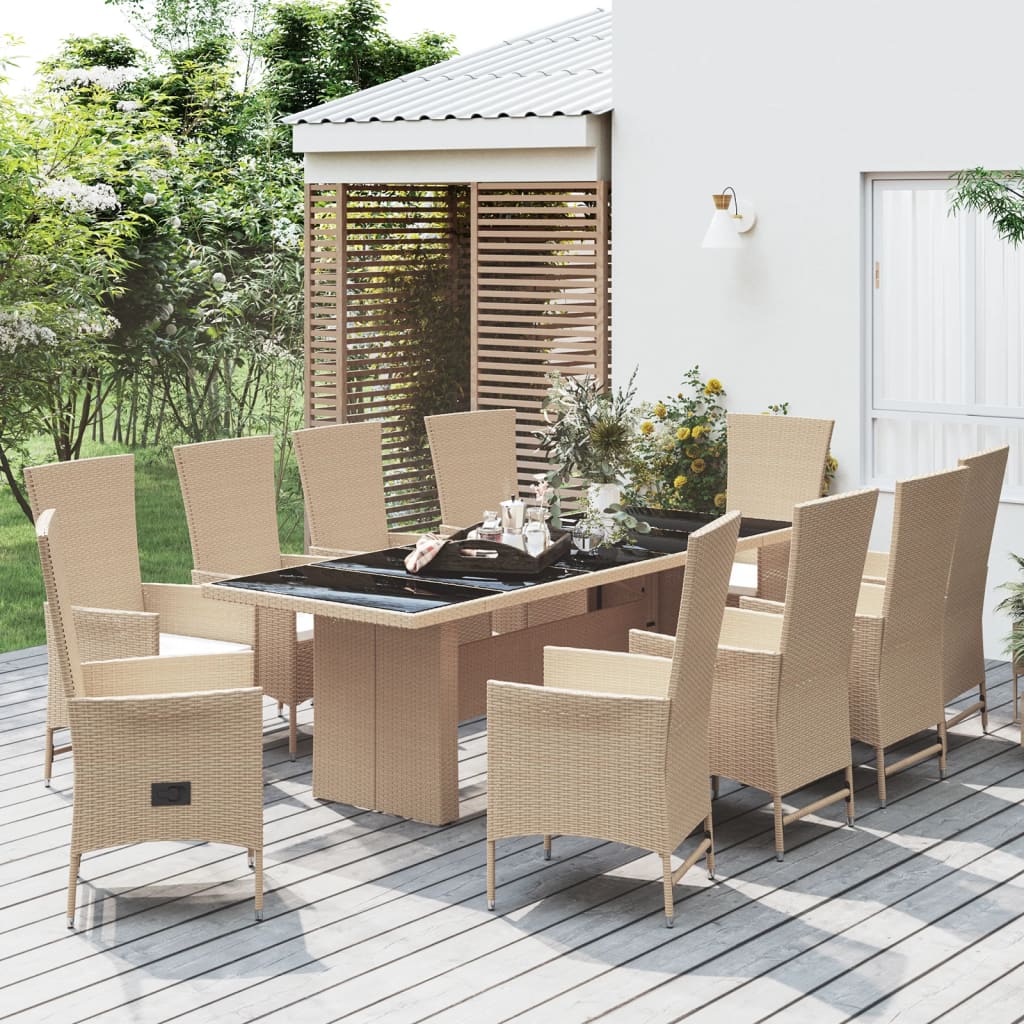 -Delige Tuinset Met Kussens Poly Rattan Beige 240 cm tafellengte 10x Fauteuil + Tafel