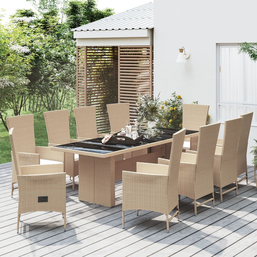 -Delige Tuinset Met Kussens Poly Rattan Beige 240 cm tafellengte 10x Fauteuil + Tafel