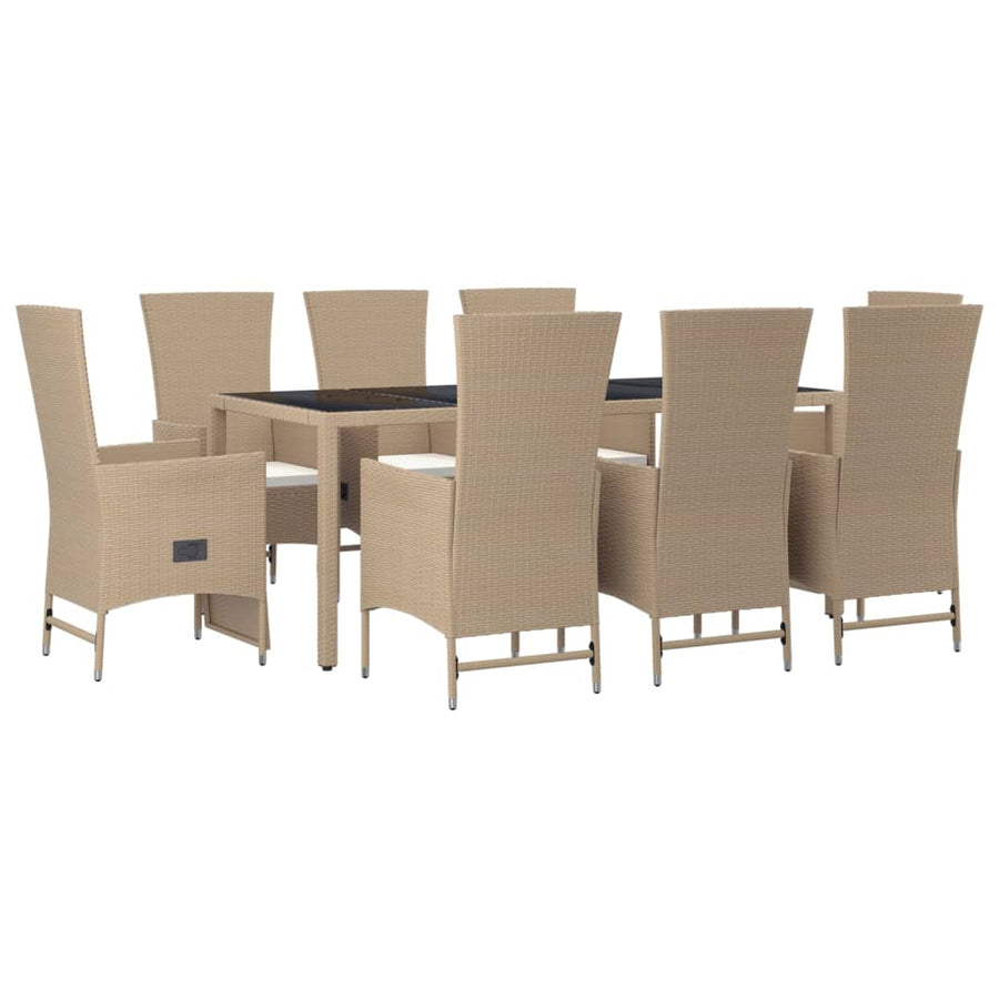 9-Delige Tuinset Met Kussens Poly Rattan Beige 190 cm tafellengte 6x stoel + 2x Fauteuil + Tafel