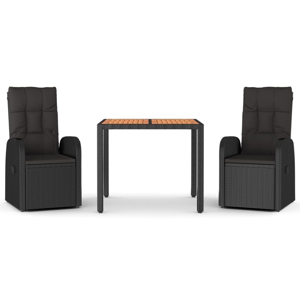 3-Delige Tuinset Met Kussens Poly Rattan Zwart 90 cm tafellengte 2x stoel + Tafel