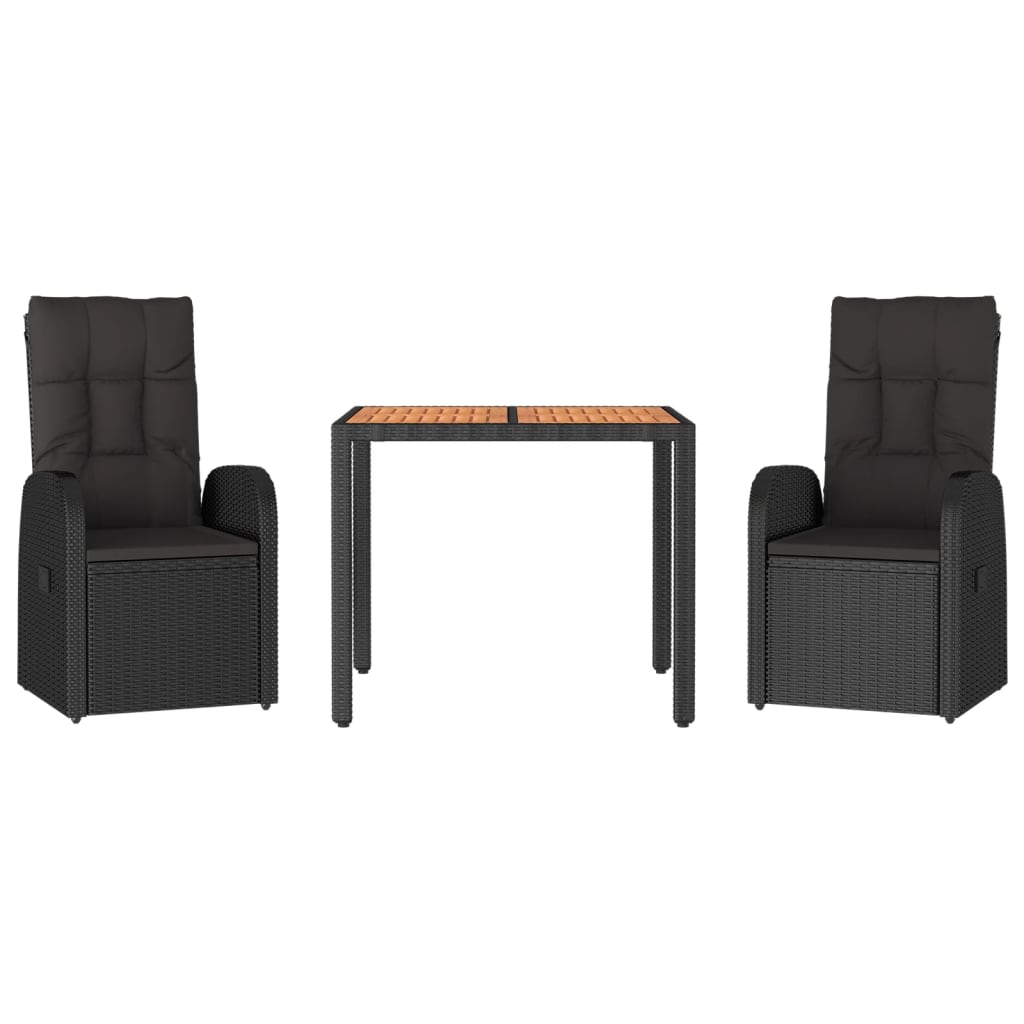 3-Delige Tuinset Met Kussens Poly Rattan Zwart 90 cm tafellengte 2x stoel + Tafel