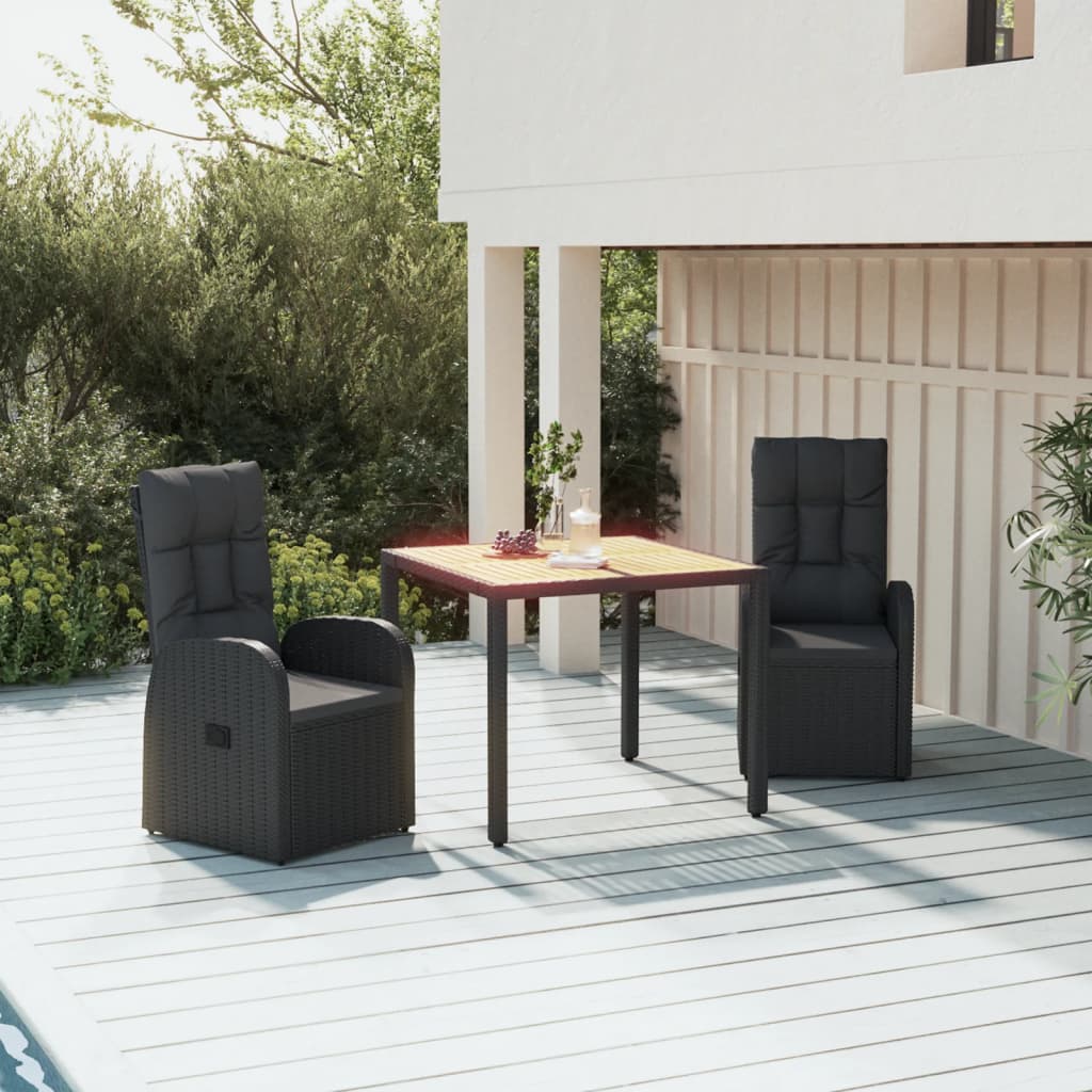 3-Delige Tuinset Met Kussens Poly Rattan Zwart 90 cm tafellengte 2x stoel + Tafel