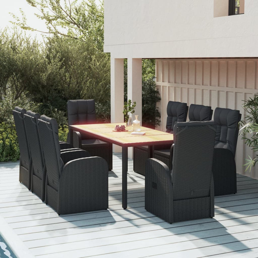 9-Delige Tuinset Poly Rattan Zwart 1 190 cm tafellengte 8x stoel + Tafel