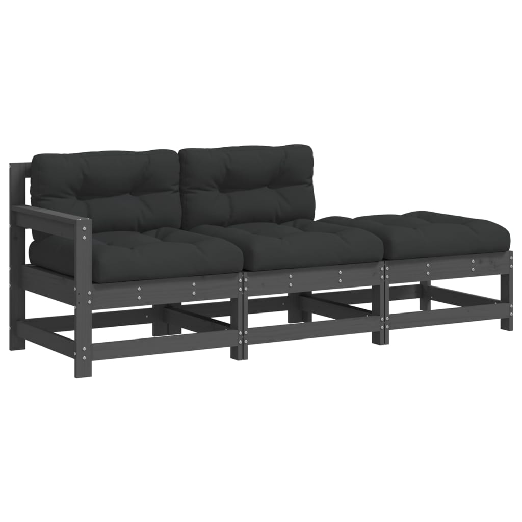 3-Delige Loungeset Met Kussens Massief Hout Grijs Grijs grenenhout Driezitsbank