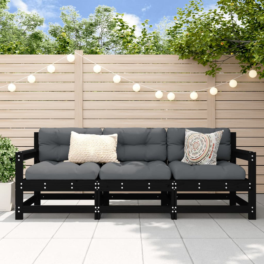 3-Delige Loungeset Massief Grenenhout Zwart Zwart grenenhout 2x hoek + midden