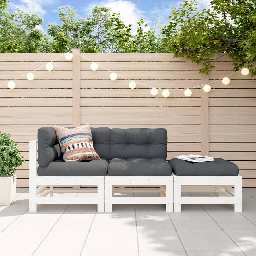 3-Delige Loungeset Massief Grenenhout Wit Wit grenenhout hoek + midden + voetensteun