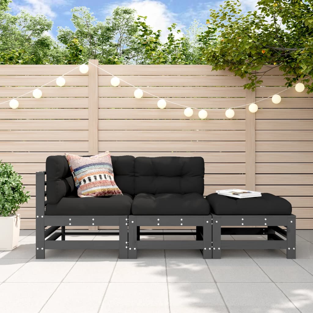 3-Delige Loungeset Massief Grenenhout Grijs Grijs grenenhout hoek + midden + voetensteun