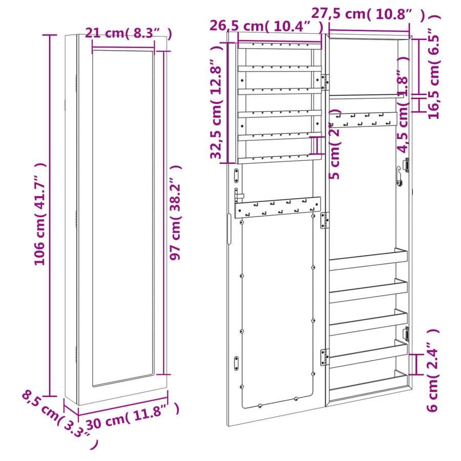 Sieradenkast met spiegel wandgemonteerd 30x8,5x106 cm zwart