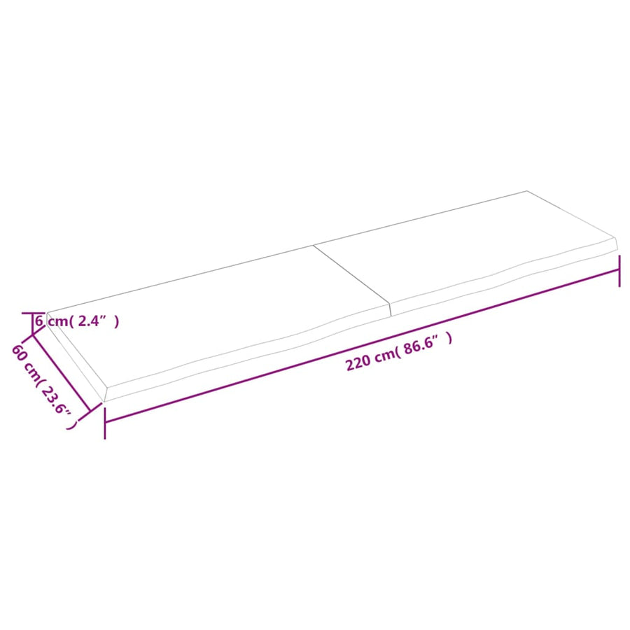 Wandschap 220x60x(2-6) cm onbehandeld massief eikenhout 220 x 60 x 6 cm