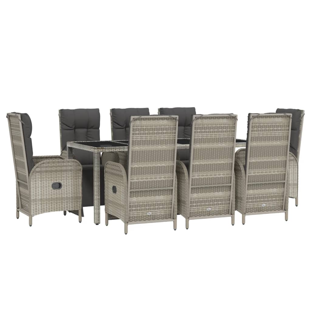 9-Delige Tuinset Met Kussens Poly Rattan Grijs 190 cm tafellengte 8x Fauteuil + Tafel