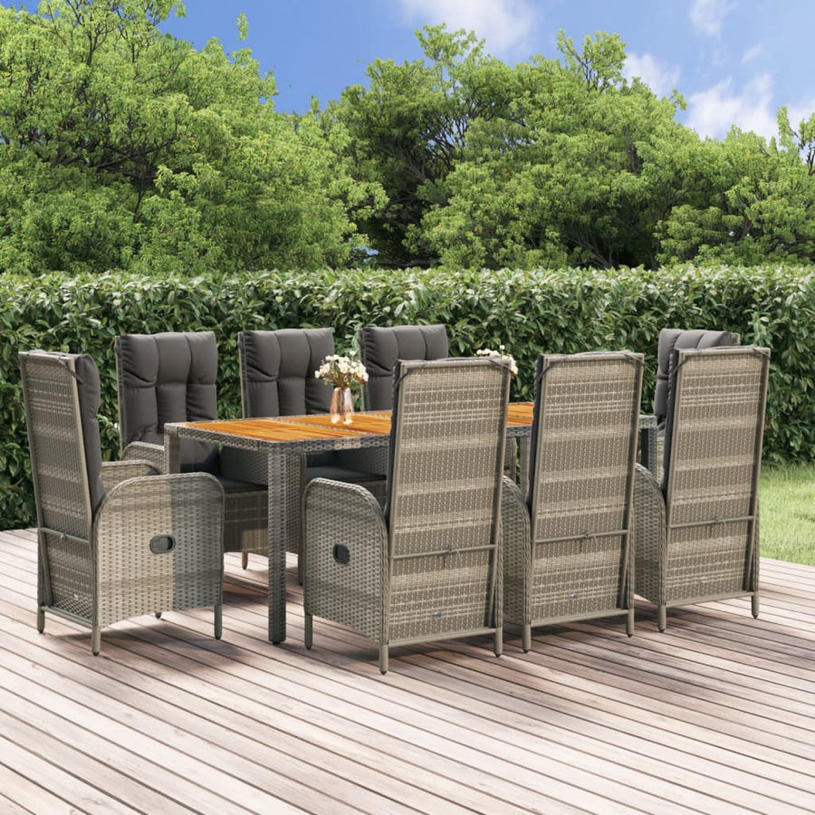 9-Delige Tuinset Met Kussens Poly Rattan Grijs 190 cm tafellengte 8x stoel + Tafel