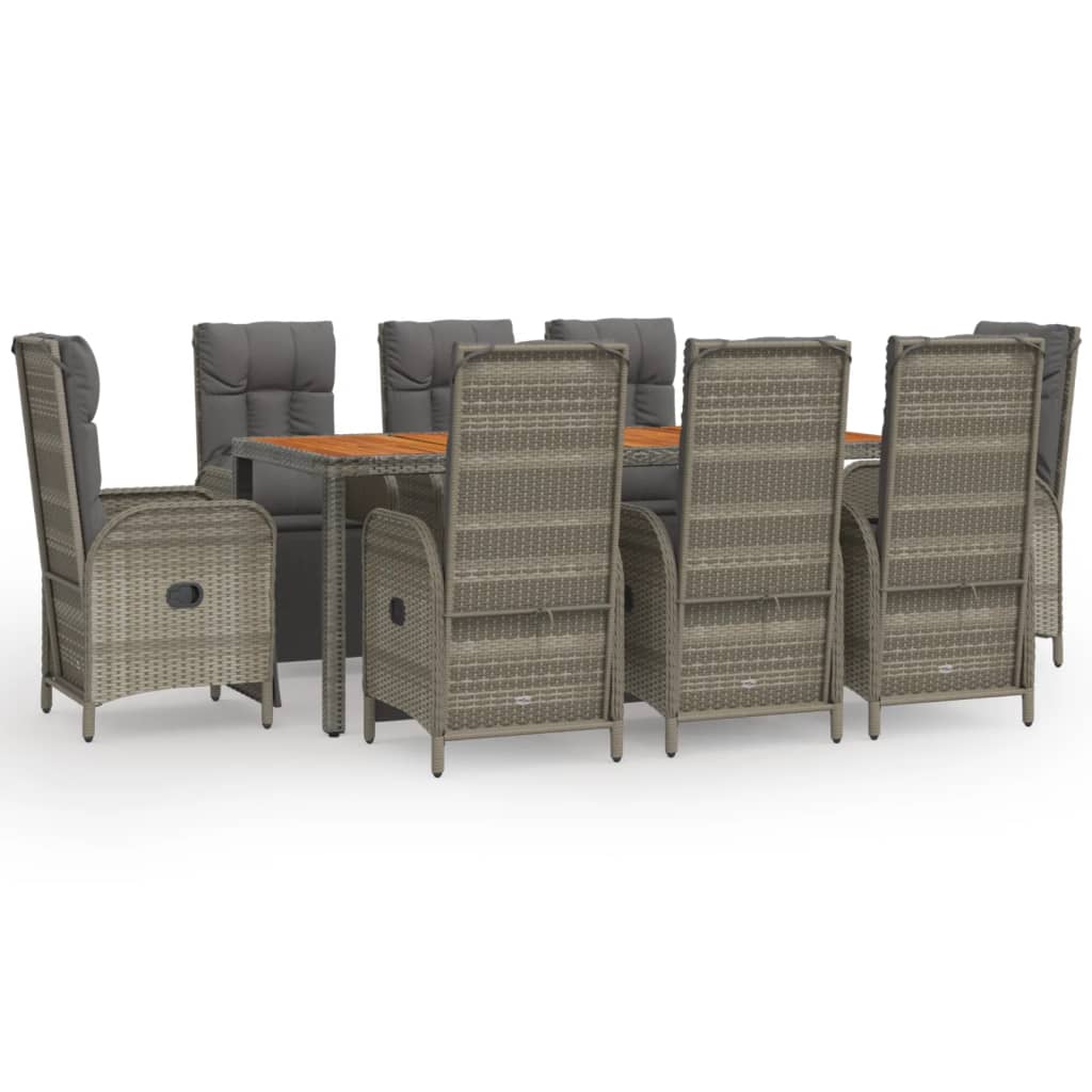 9-Delige Tuinset Met Kussens Poly Rattan Grijs 190 cm tafellengte 8x Fauteuil + Tafel