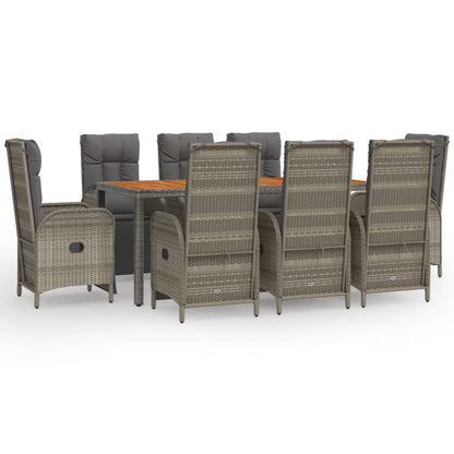 9-Delige Tuinset Met Kussens Poly Rattan Grijs 190 cm tafellengte 8x Fauteuil + Tafel