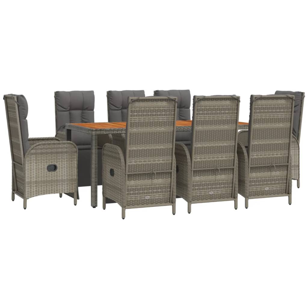9-Delige Tuinset Met Kussens Poly Rattan Grijs 190 cm tafellengte 8x Fauteuil + Tafel