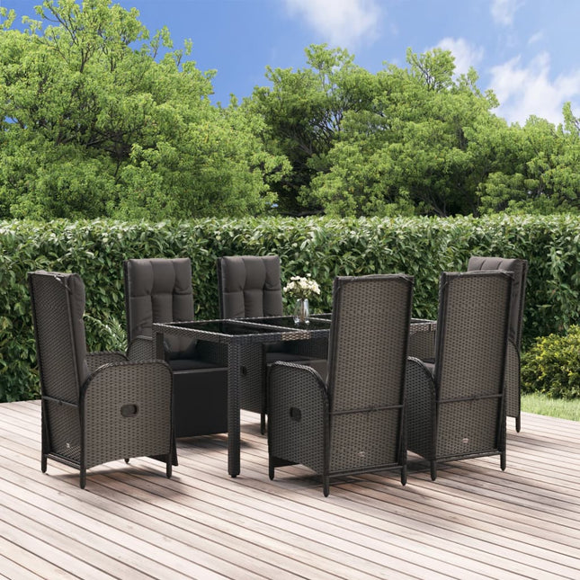 7-Delige Tuinset Met Kussens Poly Rattan Zwart En Grijs 150 cm tafellengte 6x Fauteuil + Tafel