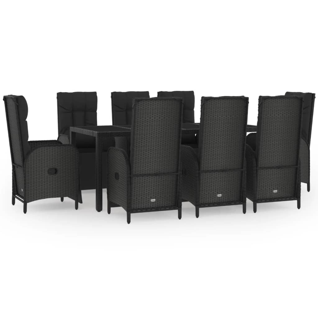 9-Delige Tuinset Poly Rattan Zwart 190 cm tafellengte 8x Fauteuil + Tafel
