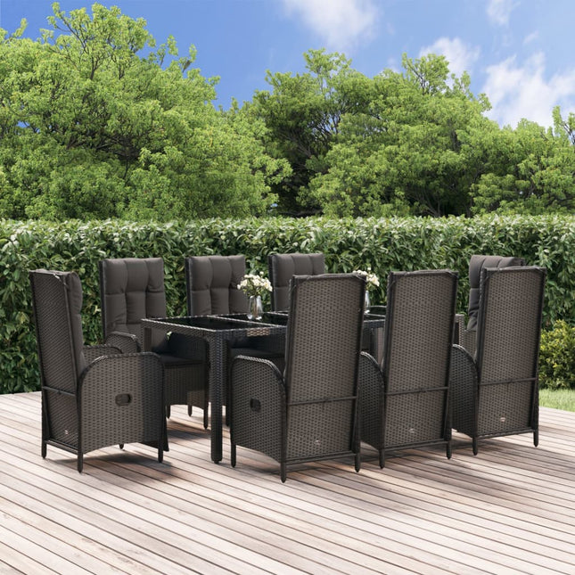 9-Delige Tuinset Poly Rattan Zwart 190 cm tafellengte 6x stoel + 2x Fauteuil + Tafel