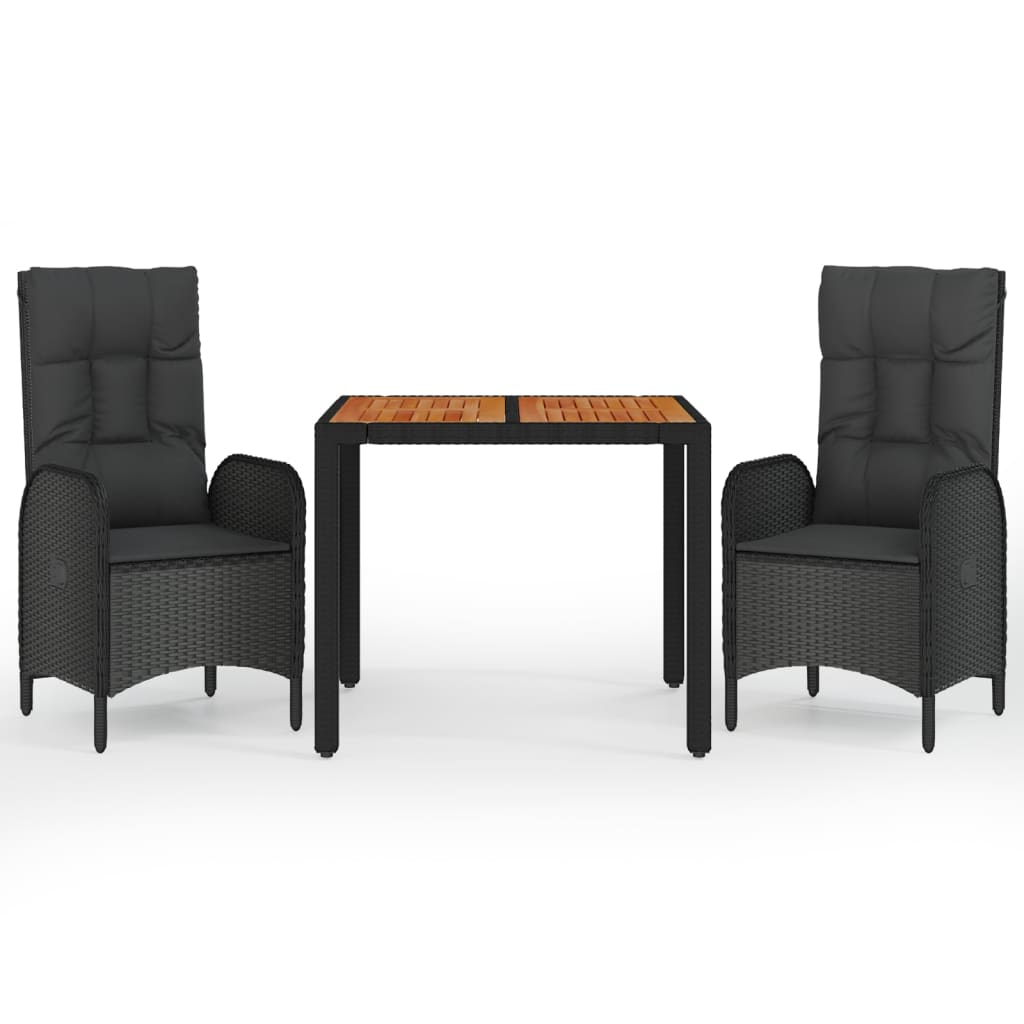 3-Delige Tuinset Met Kussens Poly Rattan Zwart 1 90 cm tafellengte 2x stoel + Tafel
